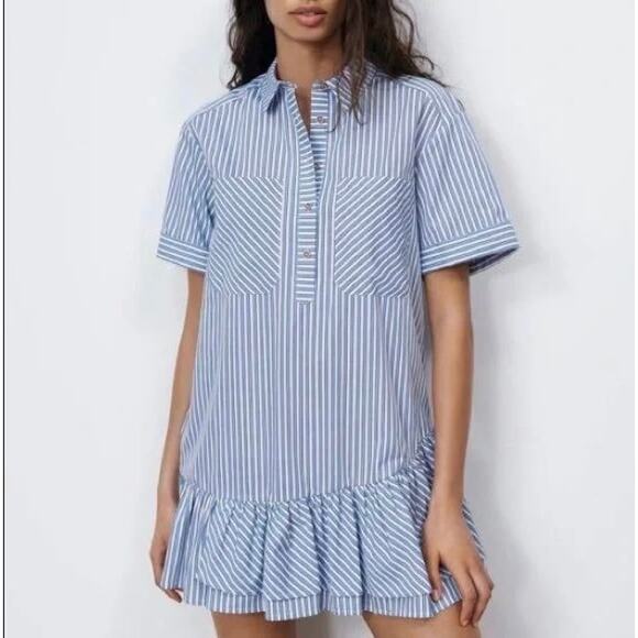 EUC Zara Blue White Striped Mini Shirtdress Size M Ruffle Hem Cotton Poplin - Picture 13 of 16